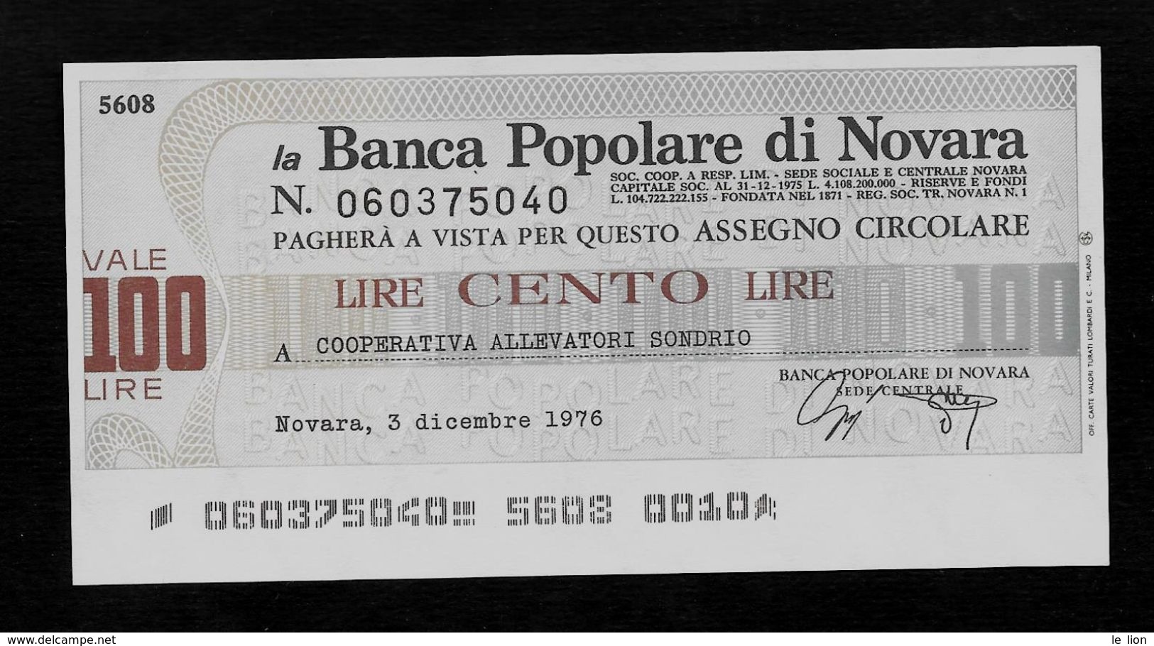 1 Mini Assegno Circolare BANCA POPOLARE NOVARA  Coop. Allev. Sondrio - FDS - [10] Cheques Y Mini-cheques