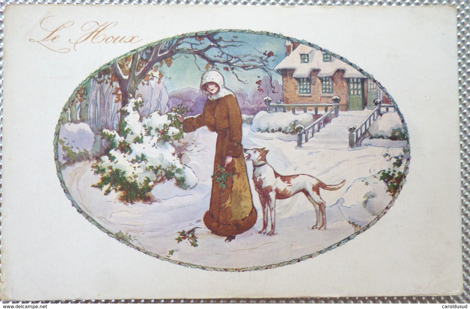 CPA Litho Chromo Illustrateur ORIGINAL HARDY ? VISE N° 125 FEMME FILLE ET CHIEN DANS MEDAILLON DECOR NEIGE LE HOUX - Hardy, Florence