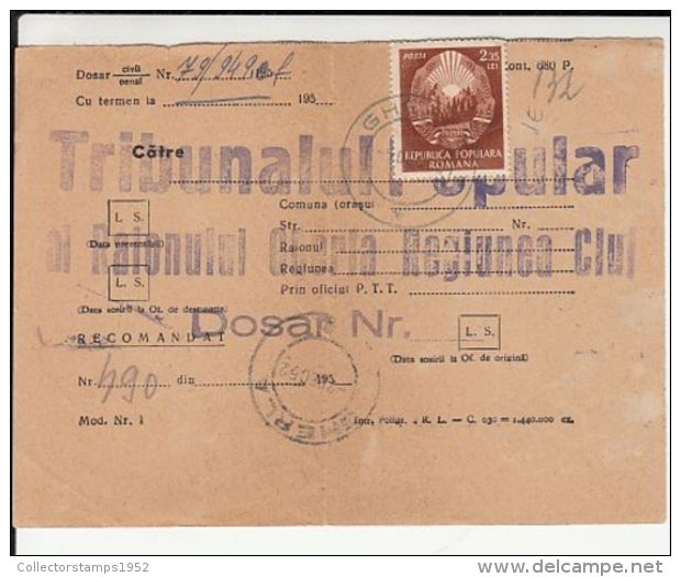 64926- REPUBLIC COAT OF ARMS, STAMPS ON REGISTERED DOCUMENT, 1952, ROMANIA - Cartas & Documentos