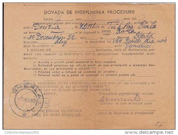 64926- REPUBLIC COAT OF ARMS, STAMPS ON REGISTERED DOCUMENT, 1952, ROMANIA - Brieven En Documenten