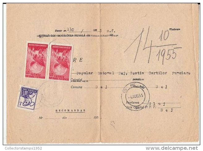 64928- WORKERS MOVEMENT, WORKER, STAMPS ON DOCUMENT, 1955, ROMANIA - Storia Postale