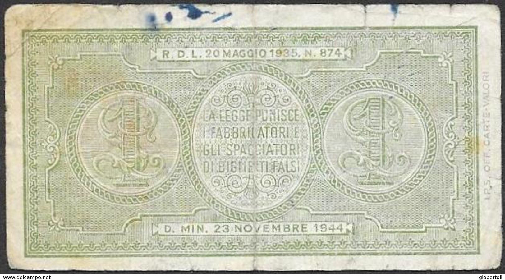 Italia/Italy/Italie: 1944, 1 Lira - Italië – 1 Lira