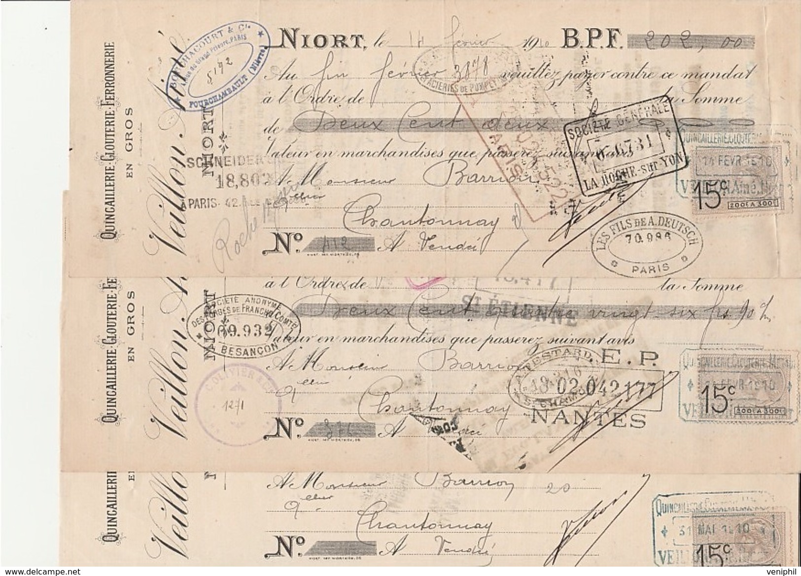 3 LETTRES DE CHANGE - QUINCAILLERIE-CLOUTERIE -FERRONNERIE -VEILLON AINE - NIORT - ANNEE 1910 - Bills Of Exchange