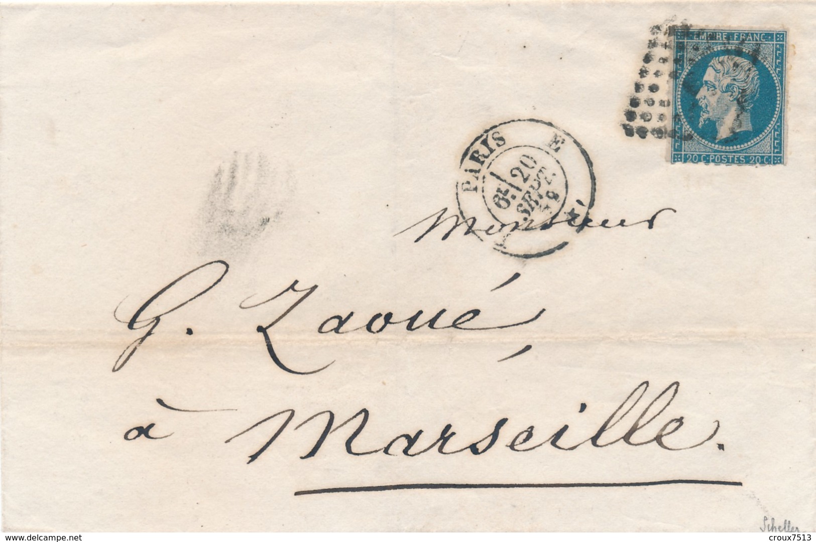 Paris "E" LSC Avec N° 14 20 C Bleu Percé En Ligne Signée Scheller TB. - 1853-1860 Napoleon III