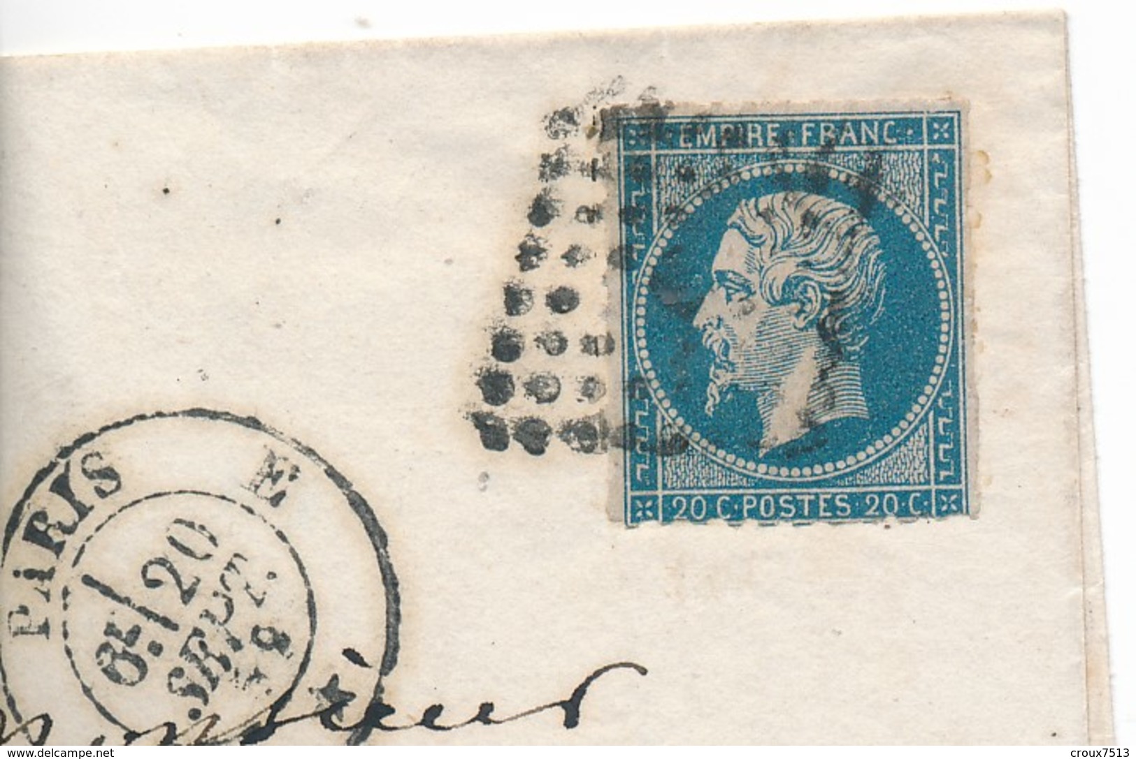 Paris "E" LSC Avec N° 14 20 C Bleu Percé En Ligne Signée Scheller TB. - 1853-1860 Napoléon III
