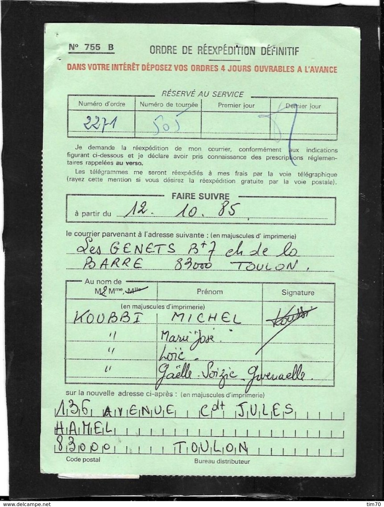 ORDRE DE REEXPEDITION  TEMPORAIRE  83  TOULON  LOUIS  BLANC - Cachets Manuels