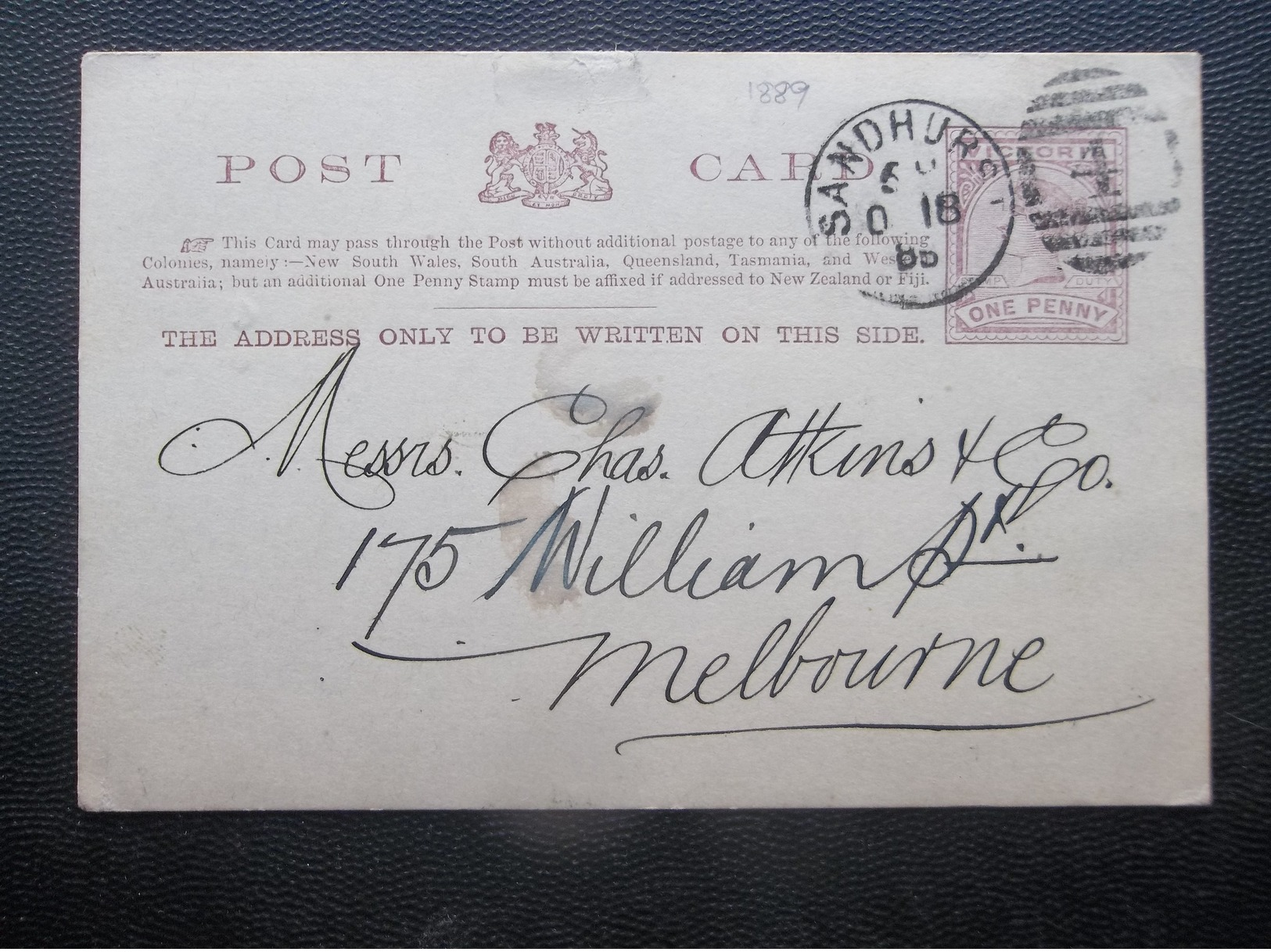 Victoria: 1889 Postal Card To Melbourne (#HT10) - Covers & Documents