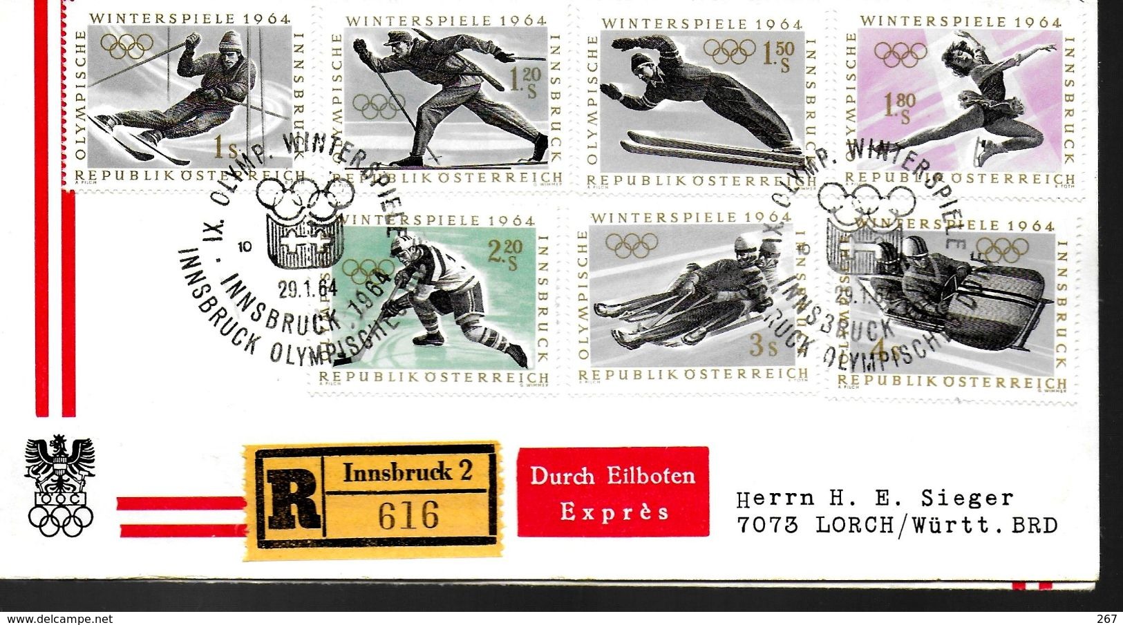 AUTRICHE  FDC Recommande  Innsbruck Jo 1976 Saut A Ski Hockey Sur Glace Bobsleigh Luge Patinage Tir Biathlon Ski De Fond - Hockey (Ice)