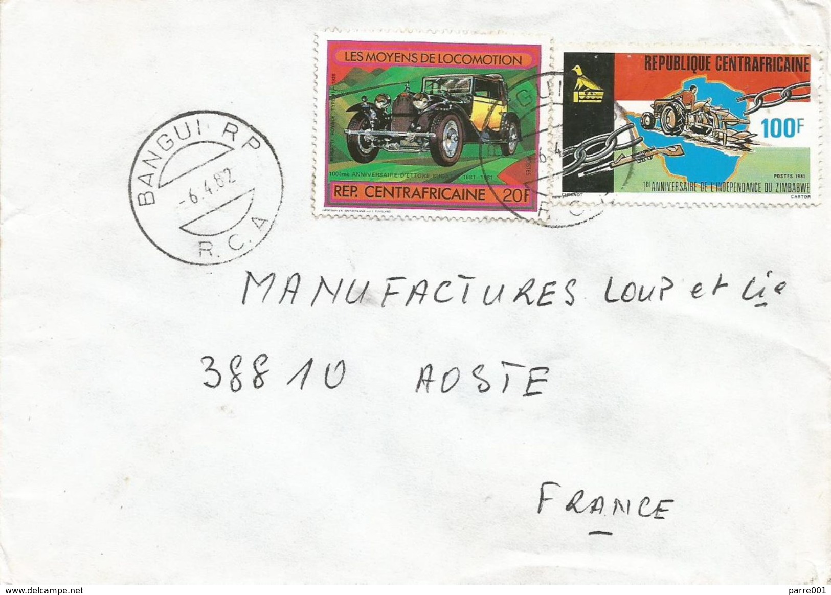 Centrafrique RCA CAR 1982 Bangui Car Bugatti Anti-apartheid Zimbabwe Independence Cover - Centrafricaine (République)