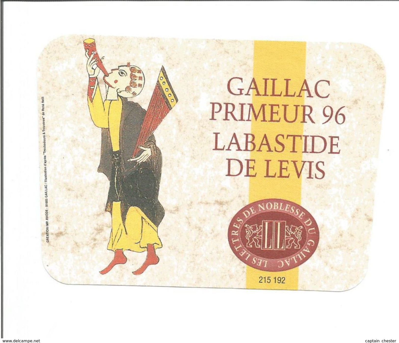Etiquette De VIN FRANCAIS " GAILLAC Primeur 1996 - Labastide De Levis " ( Troubadour - Trouvère ) - Musique