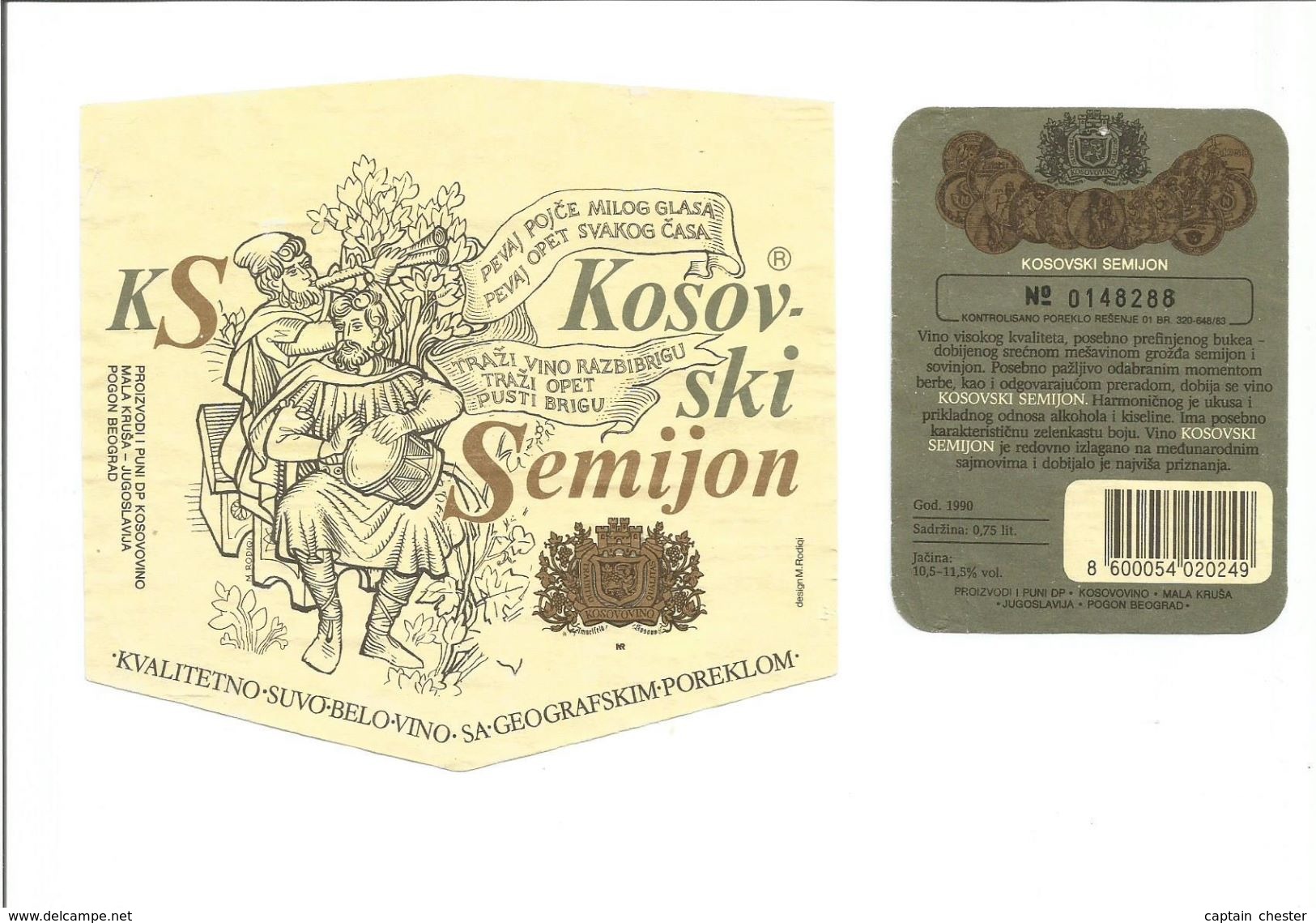 Etiquette De VIN DE YOUGOSLAVIE " Kosovski Semijon " - Rouges