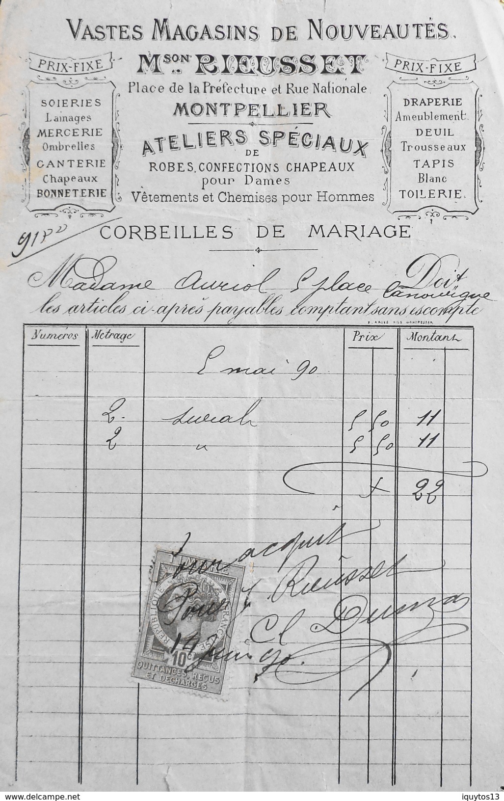 Facture De La Maison RIEUSSET Magasins De Nouveautés à Mme Charles AURIOL Montpellier - Timbrée Et Datée 14.06.1890 - BE - 1800 – 1899