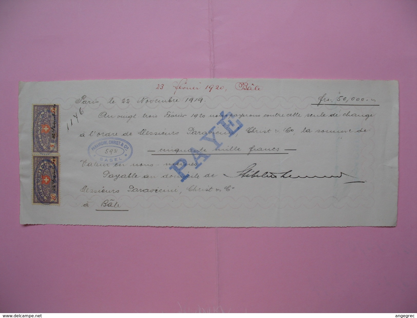 Document   Avec Timbres Fiscaux   Paravicini Christ & Cie Basel Bâle, Année 1920   à Voir - Cambiali