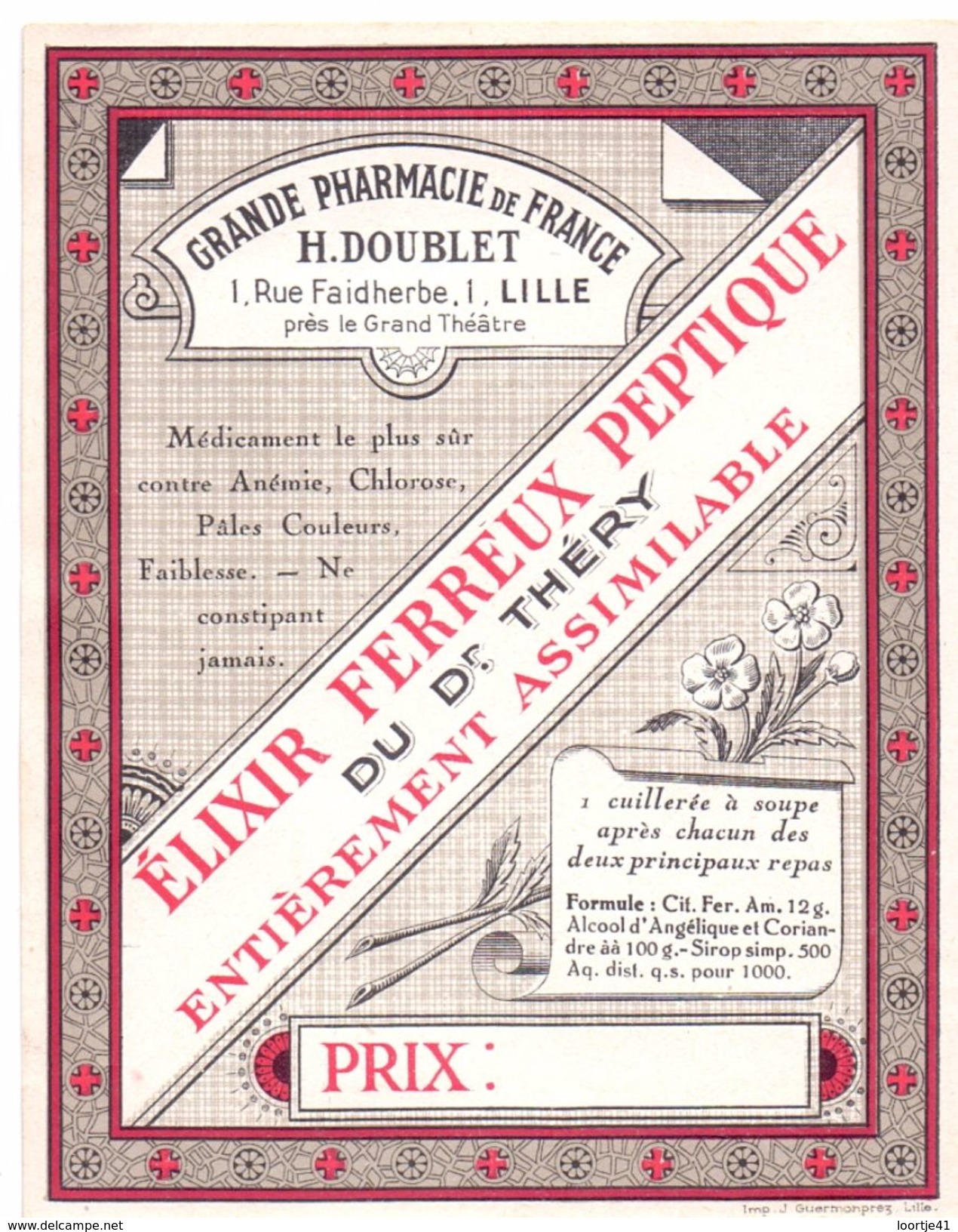 Etiket Etiquette - Elixir - Grande Pharmacie De France - H. Doublet -  Lille - Etiquettes