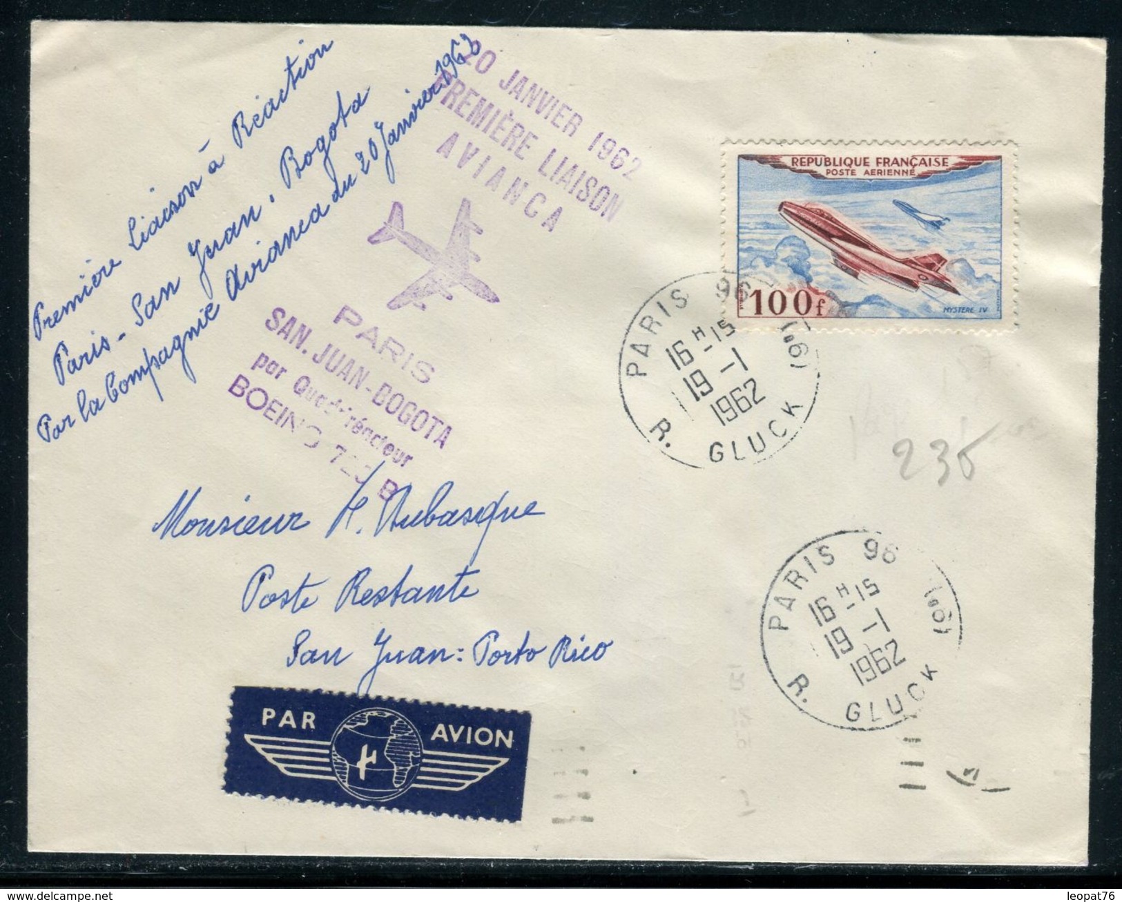 France - Enveloppe 1 Er Vol à Réaction Paris / San Juan - Bogotta En 1962 - Réf 235 - 1960-.... Lettres & Documents