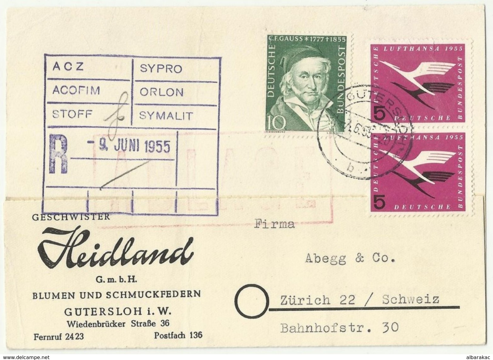 Germany Gutersloh , Advertising Heidland - Flowers And Jewelery  , Used Air Mail Registered 1955 - Storia Postale