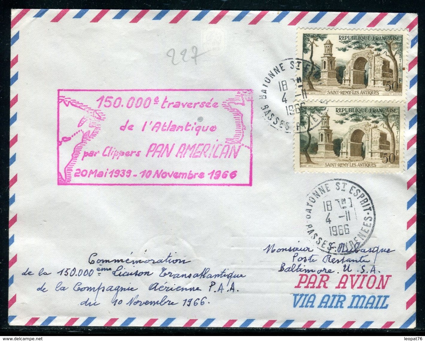 France - Enveloppe Souvenir De La 150000 ème Traversée De L 'Atlantique Par Clippers Pan American En 1966 - Réf 227 - 1960-.... Lettres & Documents