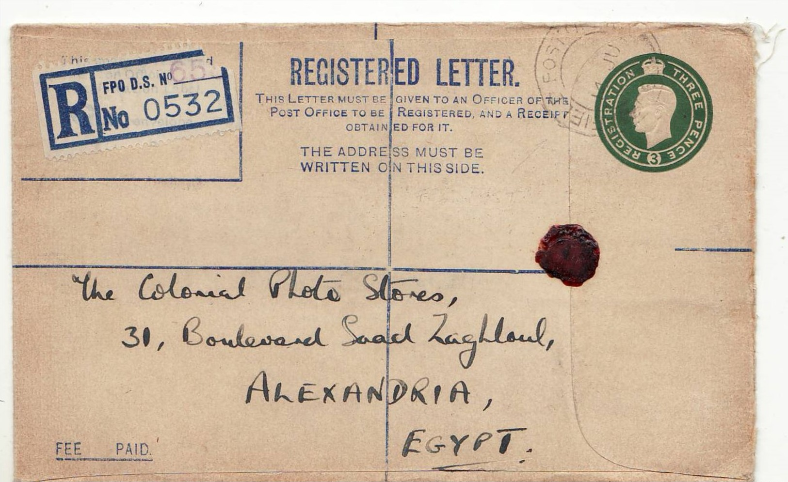 10252 REGISTERED LETTER FIELD POST TO ALEXANDRIA EGYPT - 1946 - Stamped Stationery, Airletters & Aerogrammes