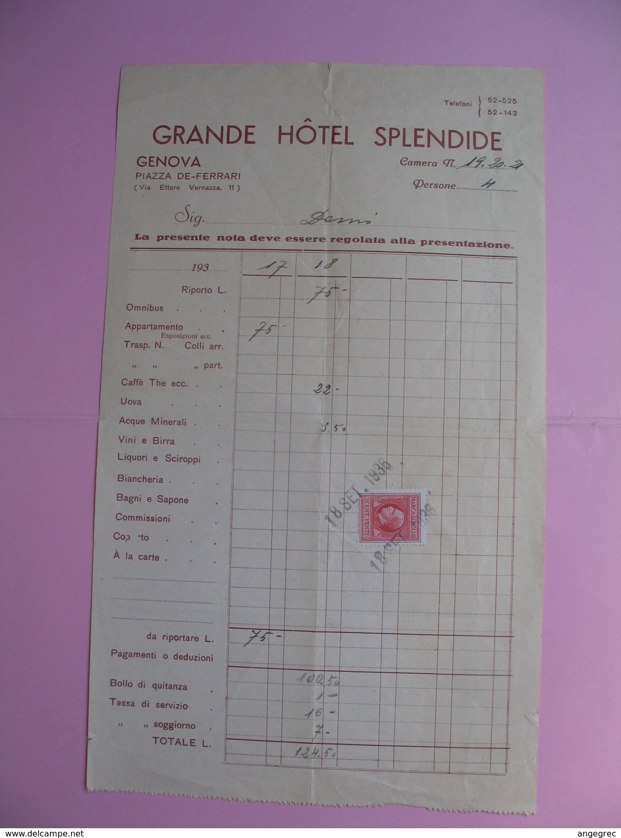 Document   Grand Hôtel Splendide Genova  Signor Denis  Avec Timbres Fiscaux 1936    à Voir - Italie