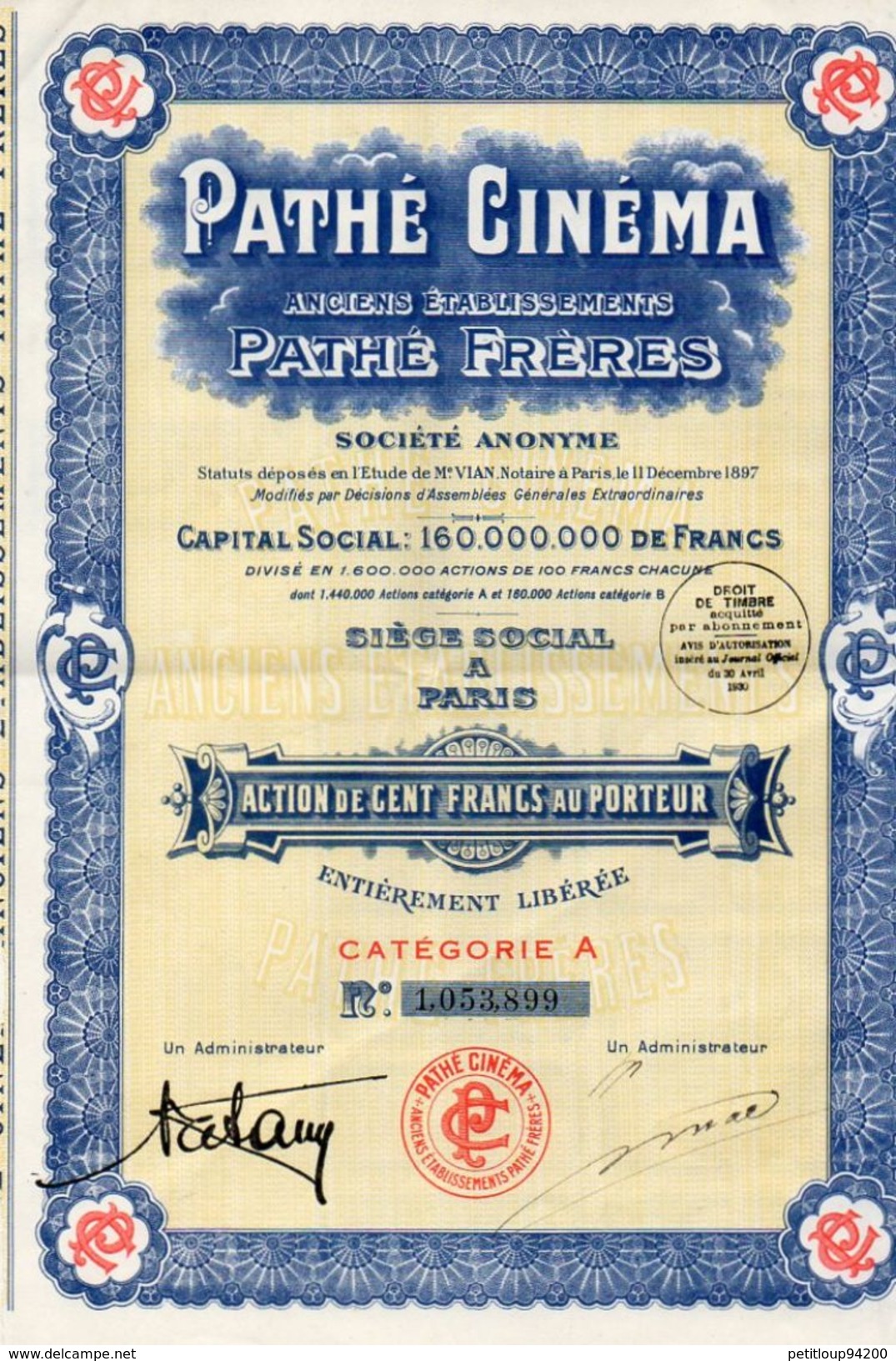 ACTION  PATHE CINEMA PATHE FRERES Action De Cent Francs Au Porteur - Cinema & Teatro