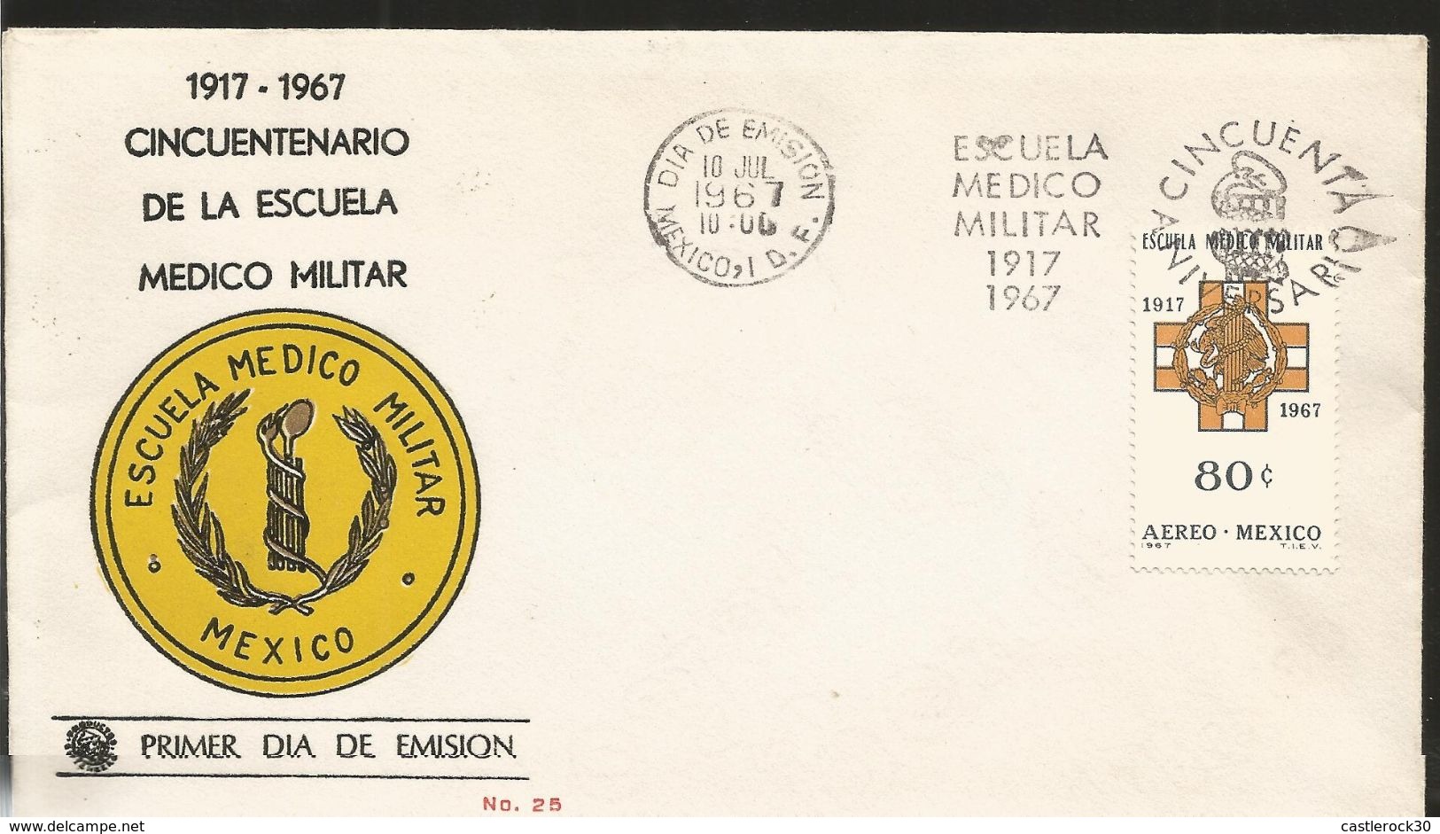 J) 1967 MEXICO, 50TH ANNIVERSARY OF THE MILITARY MEDICAL SCHOOL, EMBLEM, SET OF 6 FDC, 2 MAXIMUM CARD AND 3 FDB