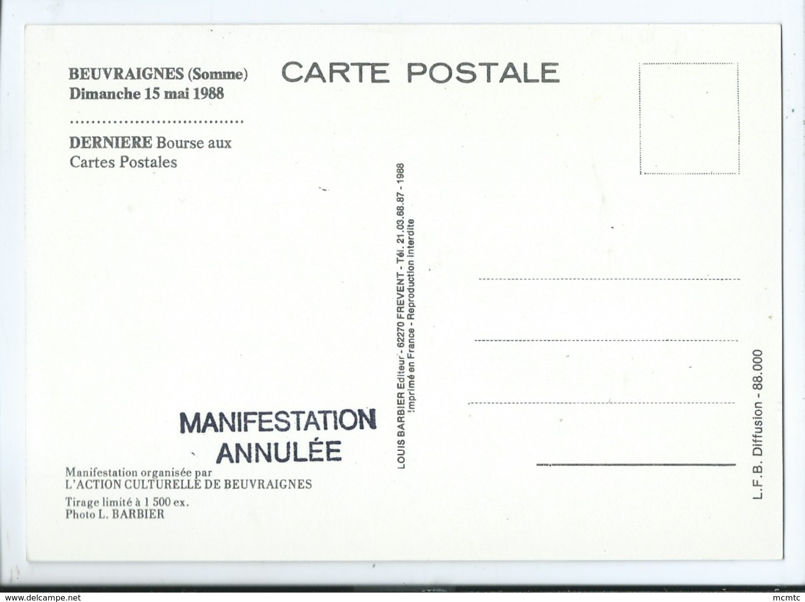 CPM  - Beuvraignes -(Somme ) -  6eme Bourse Aux Cartes Postales  Photo. L.Barbier - Beuvraignes
