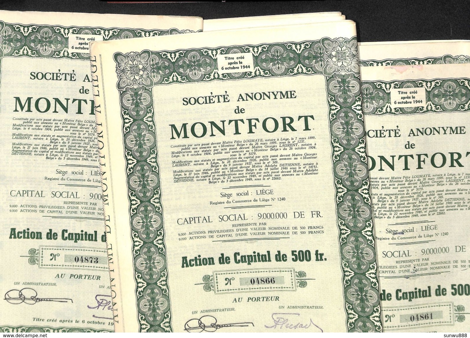 Lot De 13 Titres SA De Montfort, Liège, 1944 - M - O