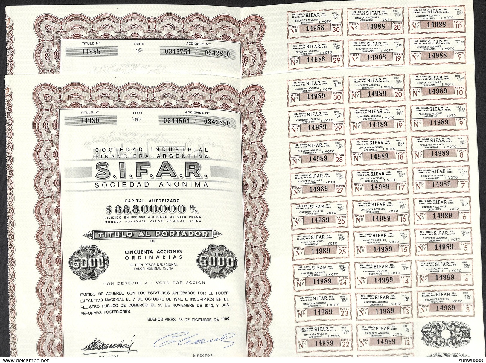 Lot De 2 Titres SIFAR, Sociedad Industrial Financiera Argentina (1966, 50 Acciones) - S - V