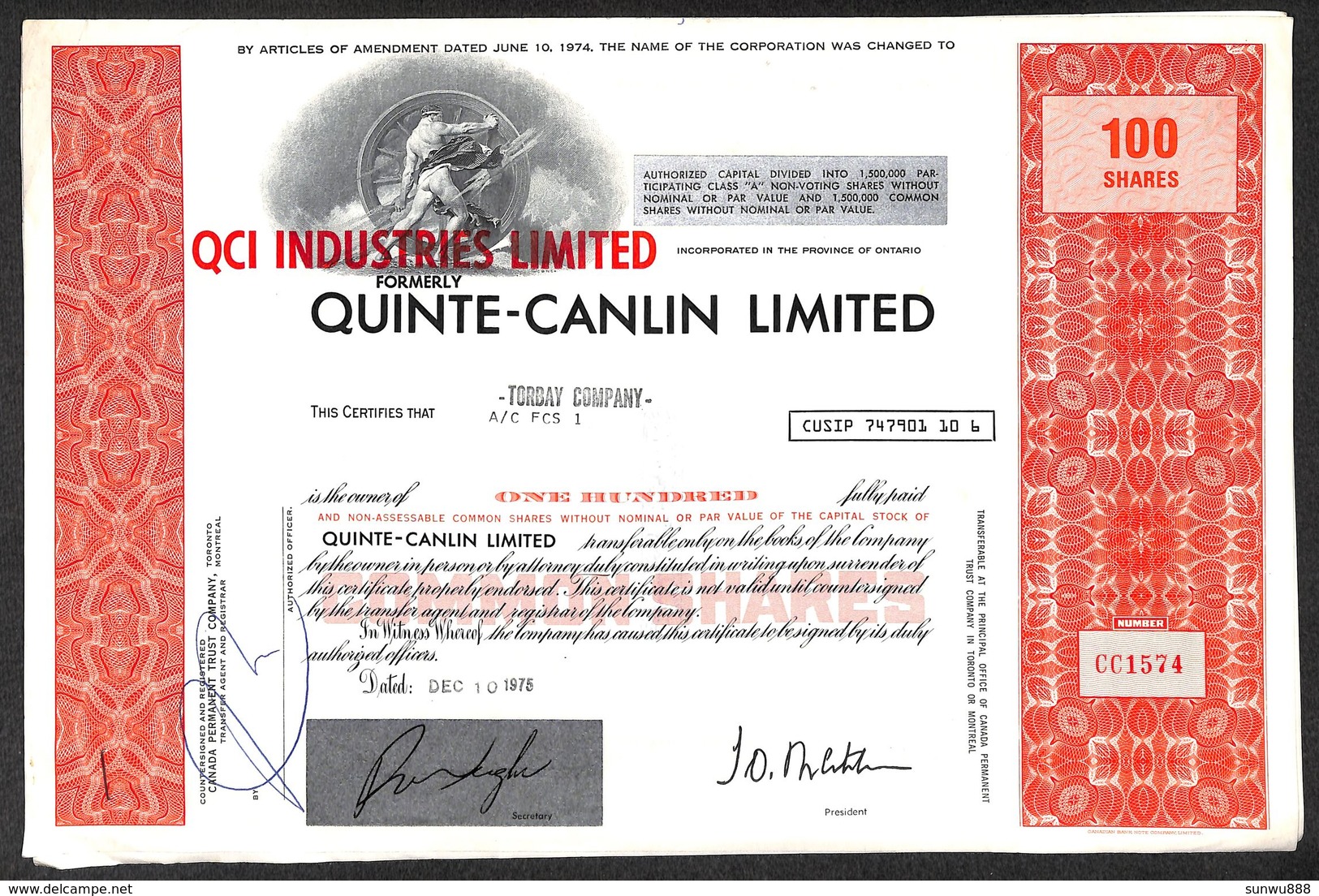 Lot De 2 Titres QCI Industries Ltd, Quinte-Canlin Ltd, 100 Shares, 1975 - P - R