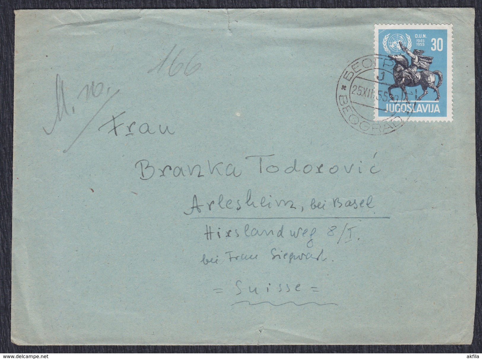 Yugoslavia 1955 United Nations - 10th Anniversary, Letter Sent From Beograd To Arlesheim - Covers & Documents