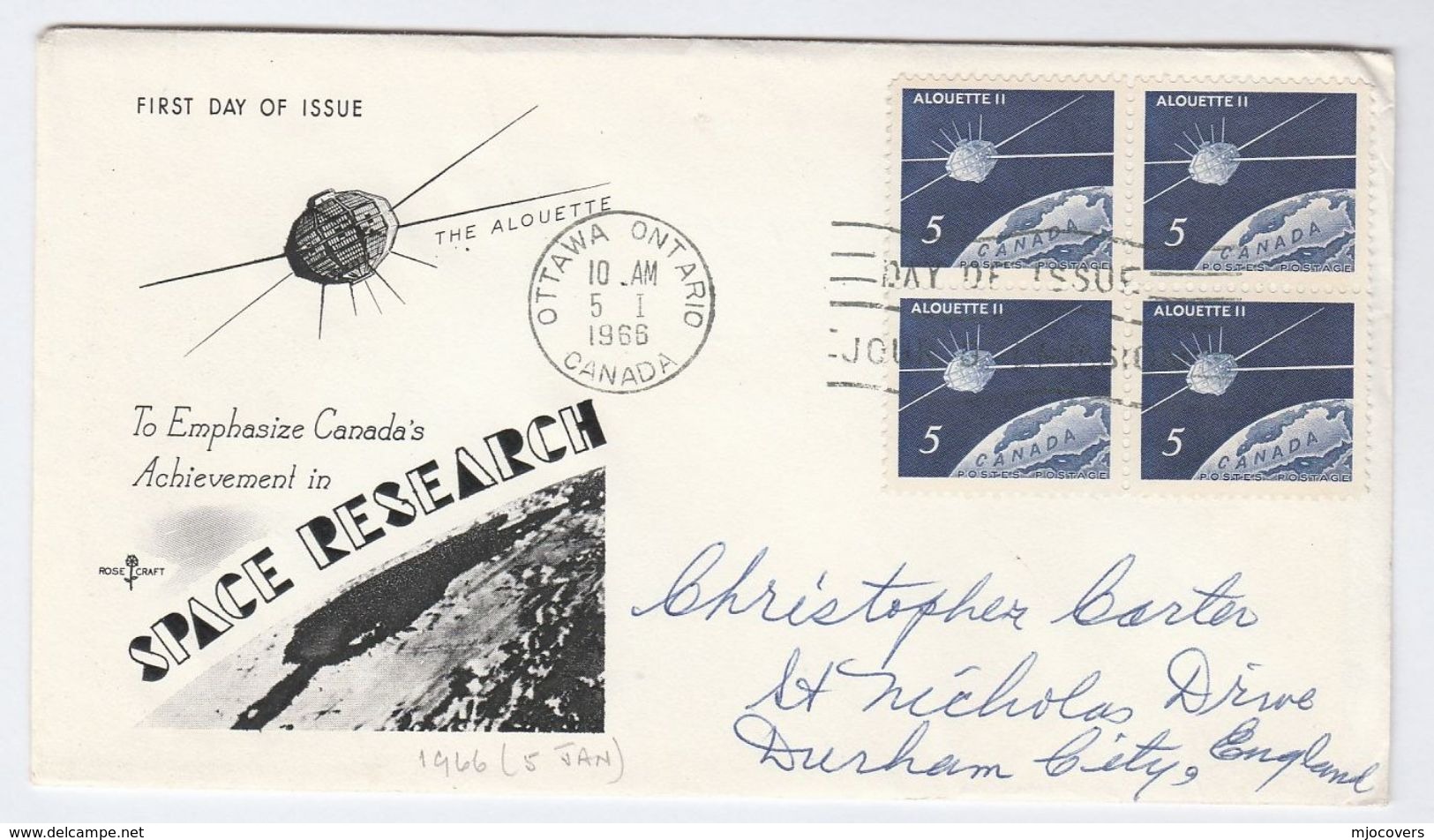 1966 CANADA FDC SPACE Block 4 X 5c Stamps Cover To GB - North  America