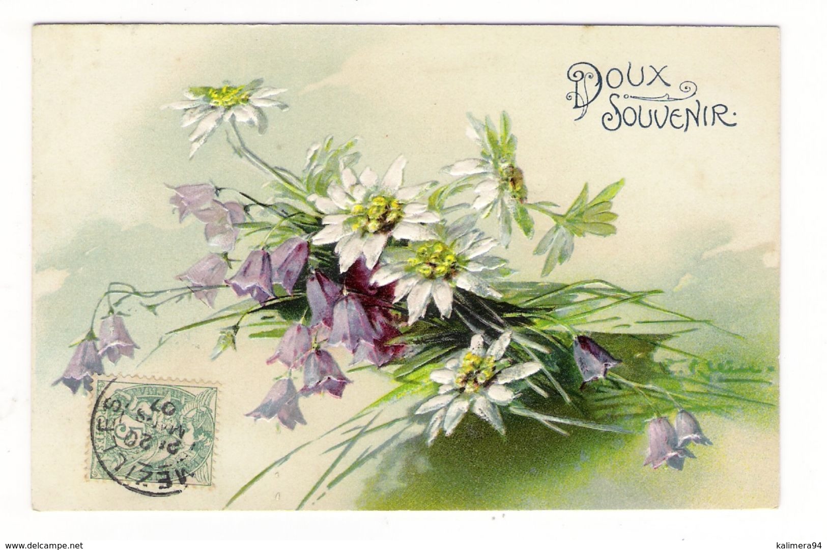 DOUX  SOUVENIR  /  VIOLETTES  ET  MARGUERITES , Par Catharina KLEIN  /  Cpa Gaufrée , Envoyée à BONDY - Klein, Catharina