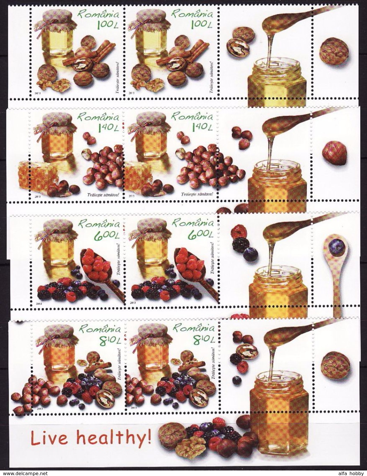 Romania, 2013 For A Healthy Lifestyle, Honey, Nuts 4 Stamps X 2 With Labels - Food