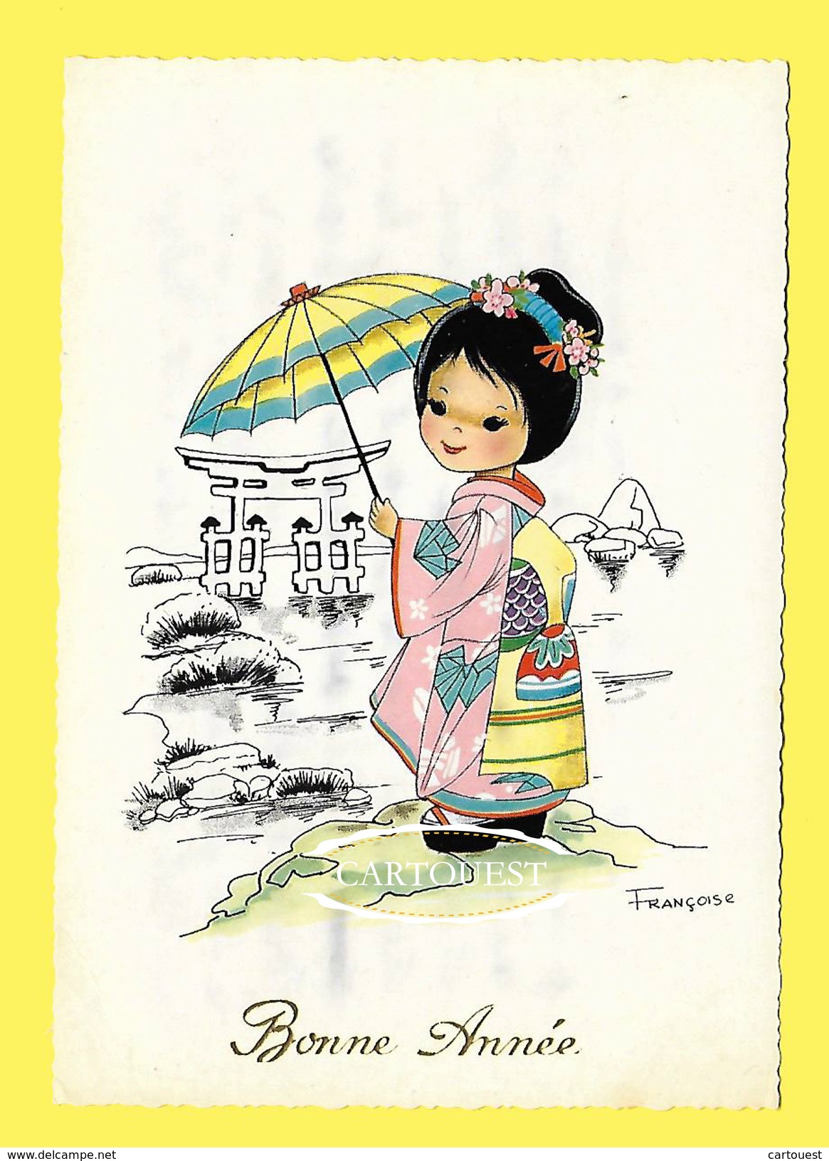CPSM Kruger Postcard, Japanese Girl With Samurai Sword,  Artist Signed Francoise - Other & Unclassified