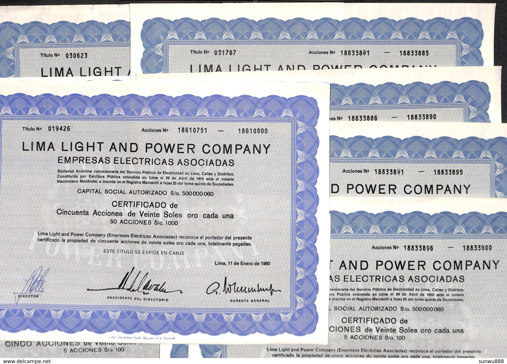 Lot 17 Titres - Lima Light & Power Company 1960 (1 5 10 50 Accion) - Electricidad & Gas