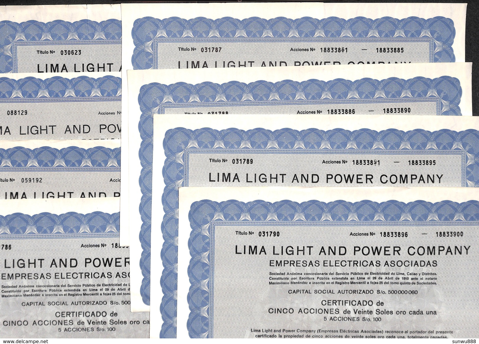 Lot 17 Titres - Lima Light & Power Company 1960 (1 5 10 50 Accion) - Electricidad & Gas