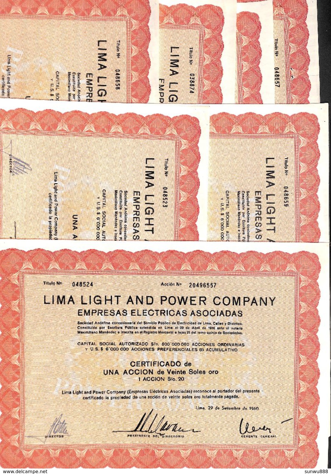 Lot 17 Titres - Lima Light & Power Company 1960 (1 5 10 50 Accion) - Electricidad & Gas