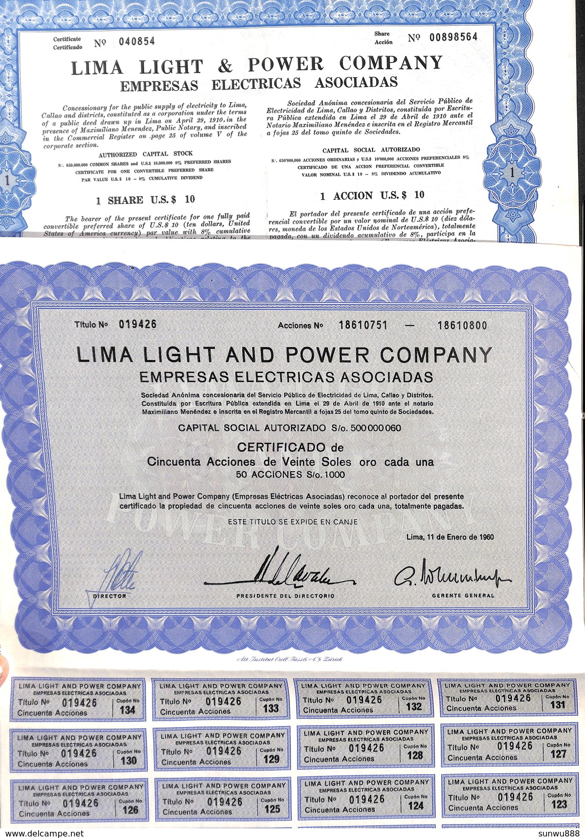 Lot 17 Titres - Lima Light & Power Company 1960 (1 5 10 50 Accion) - Electricidad & Gas