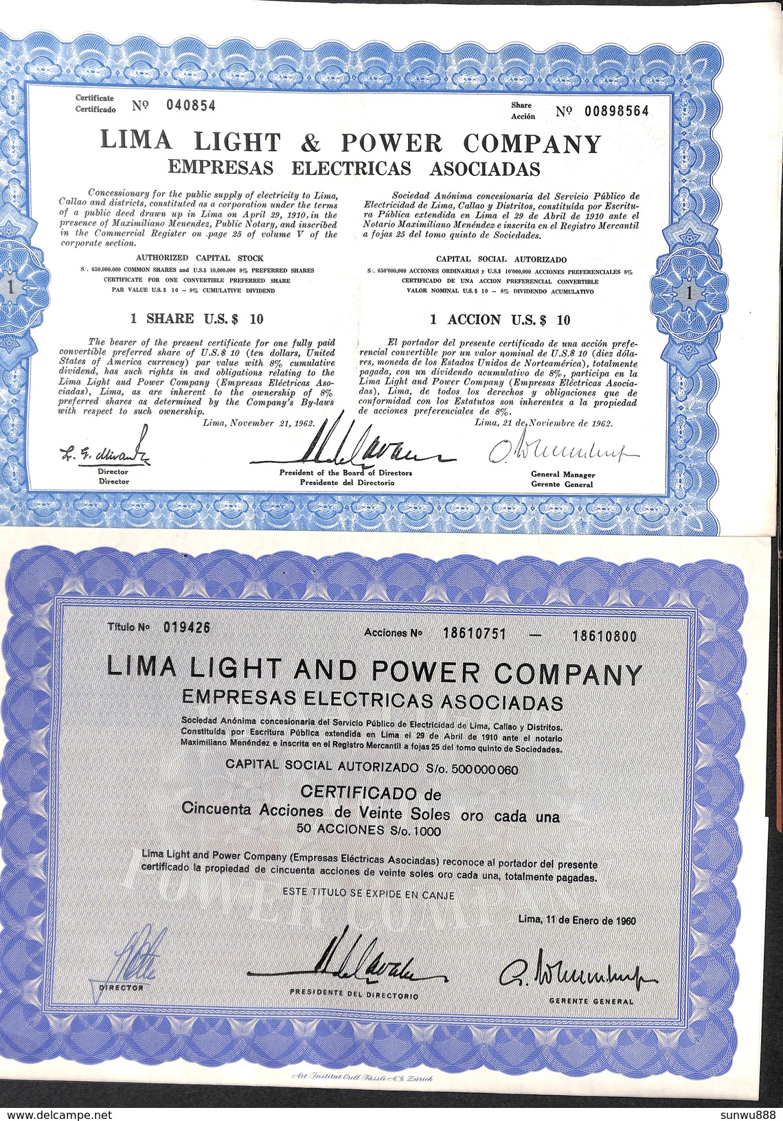 Lot 17 Titres - Lima Light & Power Company 1960 (1 5 10 50 accion)