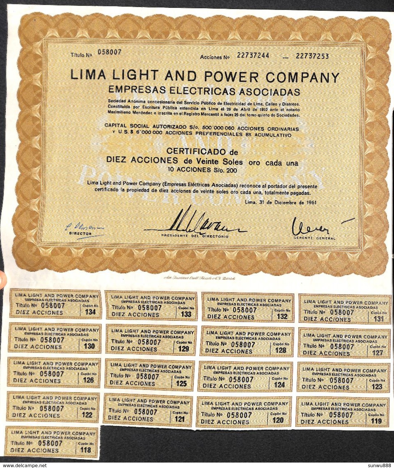 Lot 17 Titres - Lima Light & Power Company 1960 (1 5 10 50 accion)