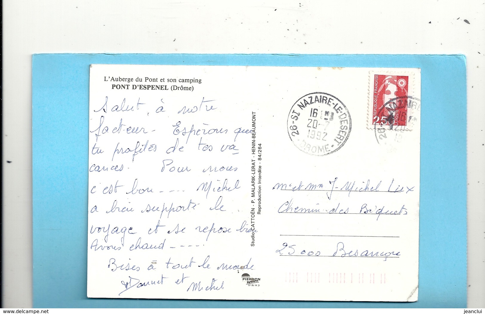 CPM. PONT D'ESPENEL . L'AUBERGE DU PONT ET SON CAMPING . AFFR LE 20-7-1992 AU VERSO . 2 SCANES - Autres & Non Classés