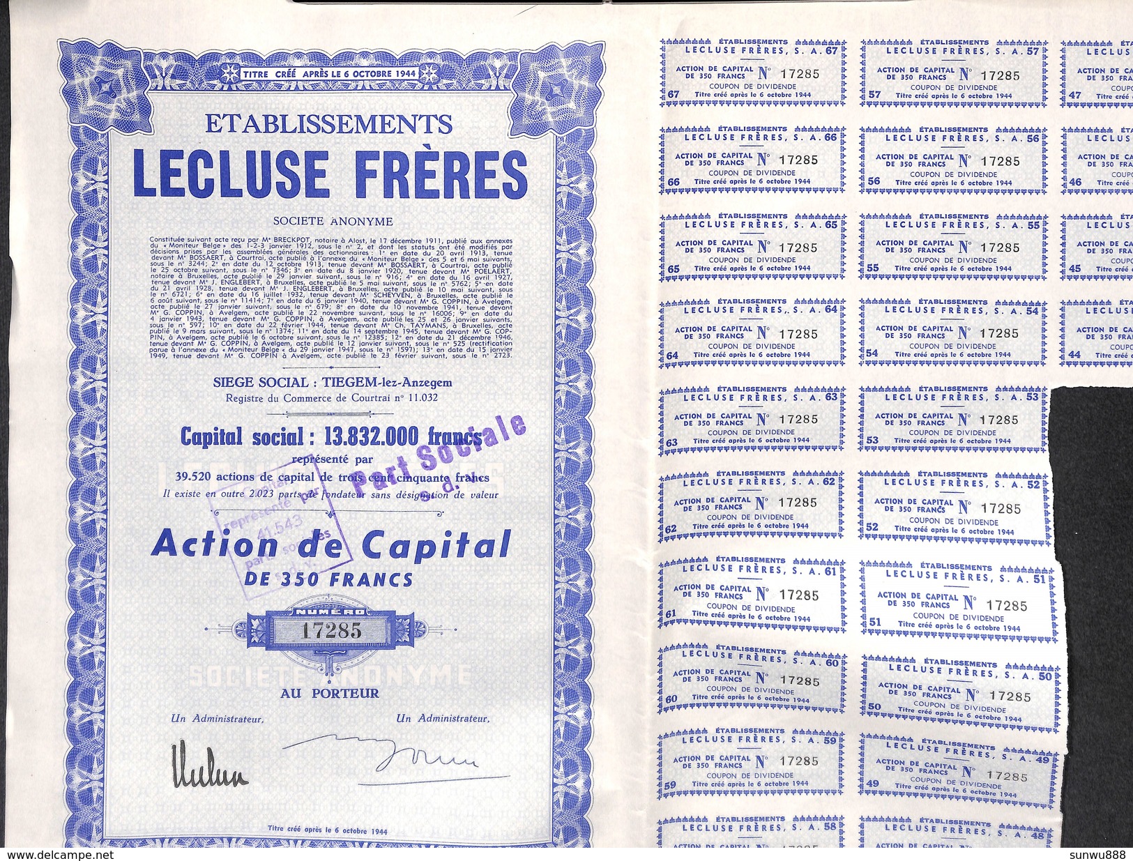 Lot 5 Titres - Etablissements Lecluse Frères, Tiegem-lez-Anzegem - J - L