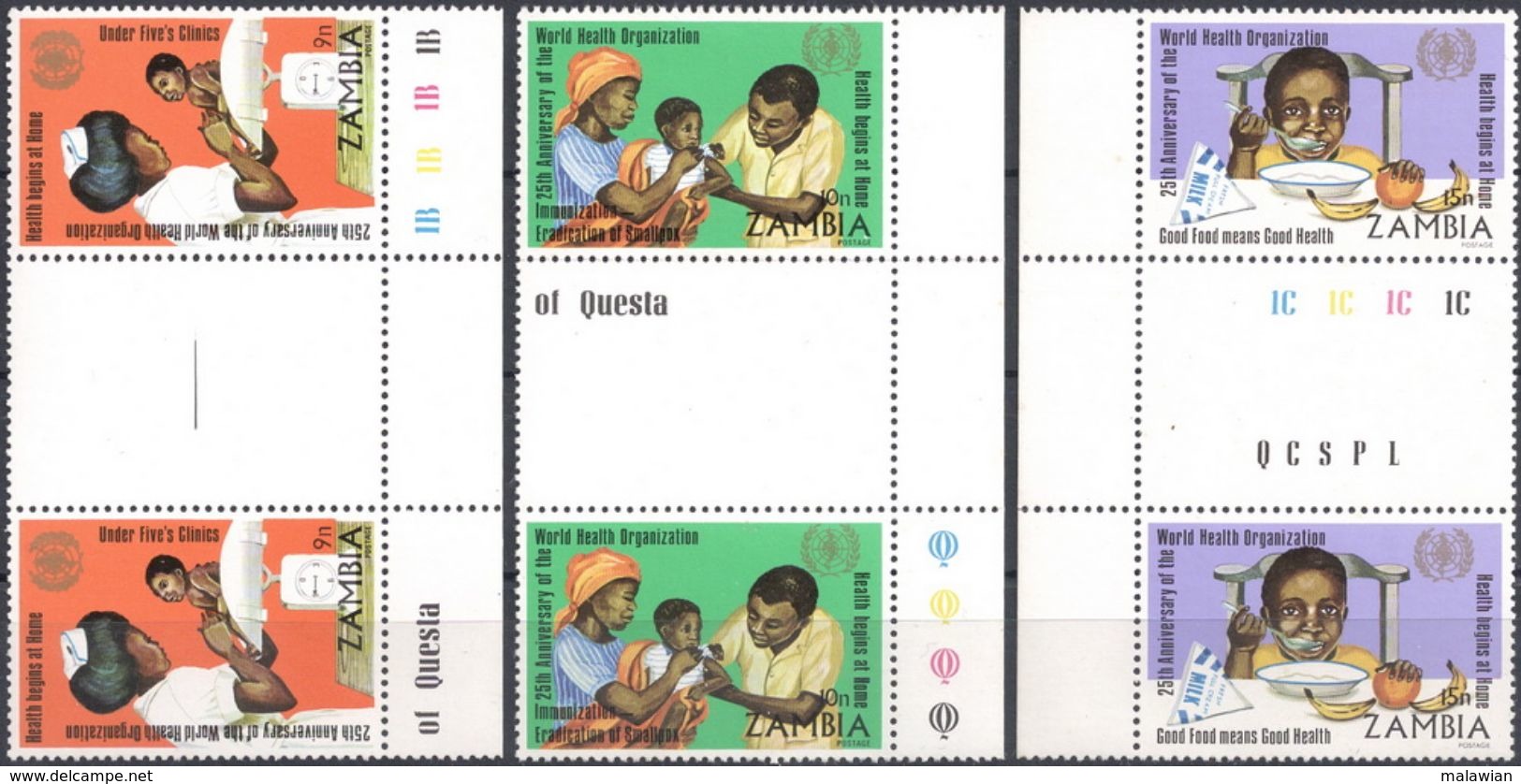 Zambia, 1973 (#112-14c), 25th Anniversary WHO, 3v Gutter Pairs, Incomplete Set - OMS