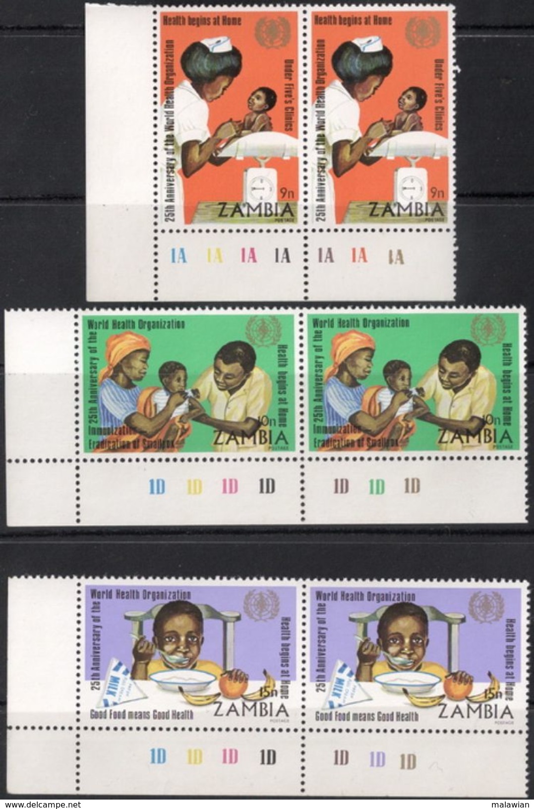 Zambia, 1973 (#112-14a), 25th Anniversary WHO, 3v Pairs With Color Proof Of Bottom Margin, Incomplete Set - OMS