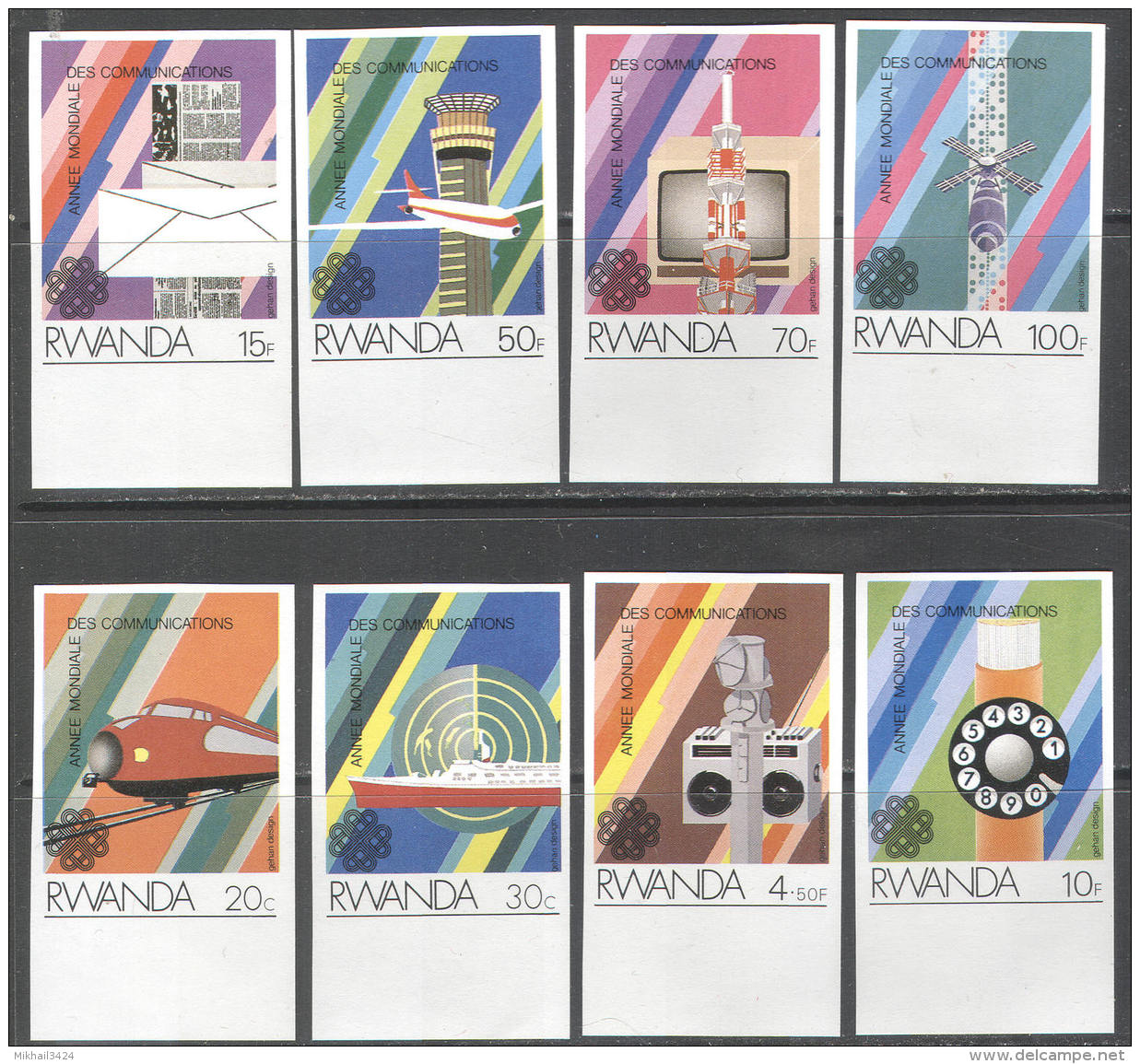 M0540 Communication WCY Space Transport Ships Aviation Trains 1983 Rwanda 8v Set MNH ** 45ME Imperf Imp - Africa