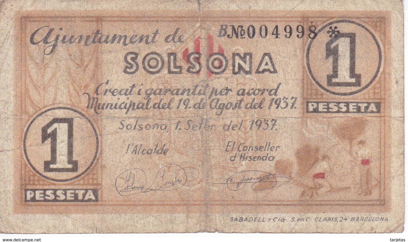BILLETE DE 1 PESETA DEL AJUNTAMENT DE SOLSONA DEL AÑO 1937    (BANKNOTE) - Otros & Sin Clasificación