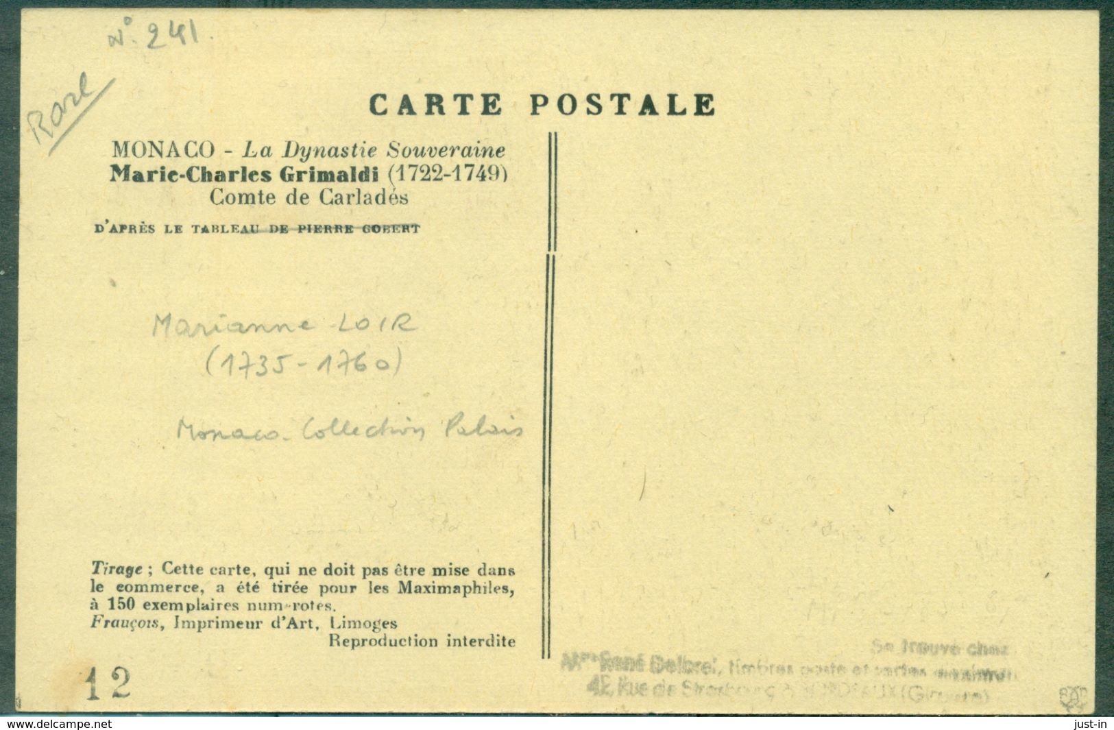 MONACO N°241 Carte Maximum 1942 Tirage 150 Ex.(imprimé Verso) Rare. - Cartoline Maximum