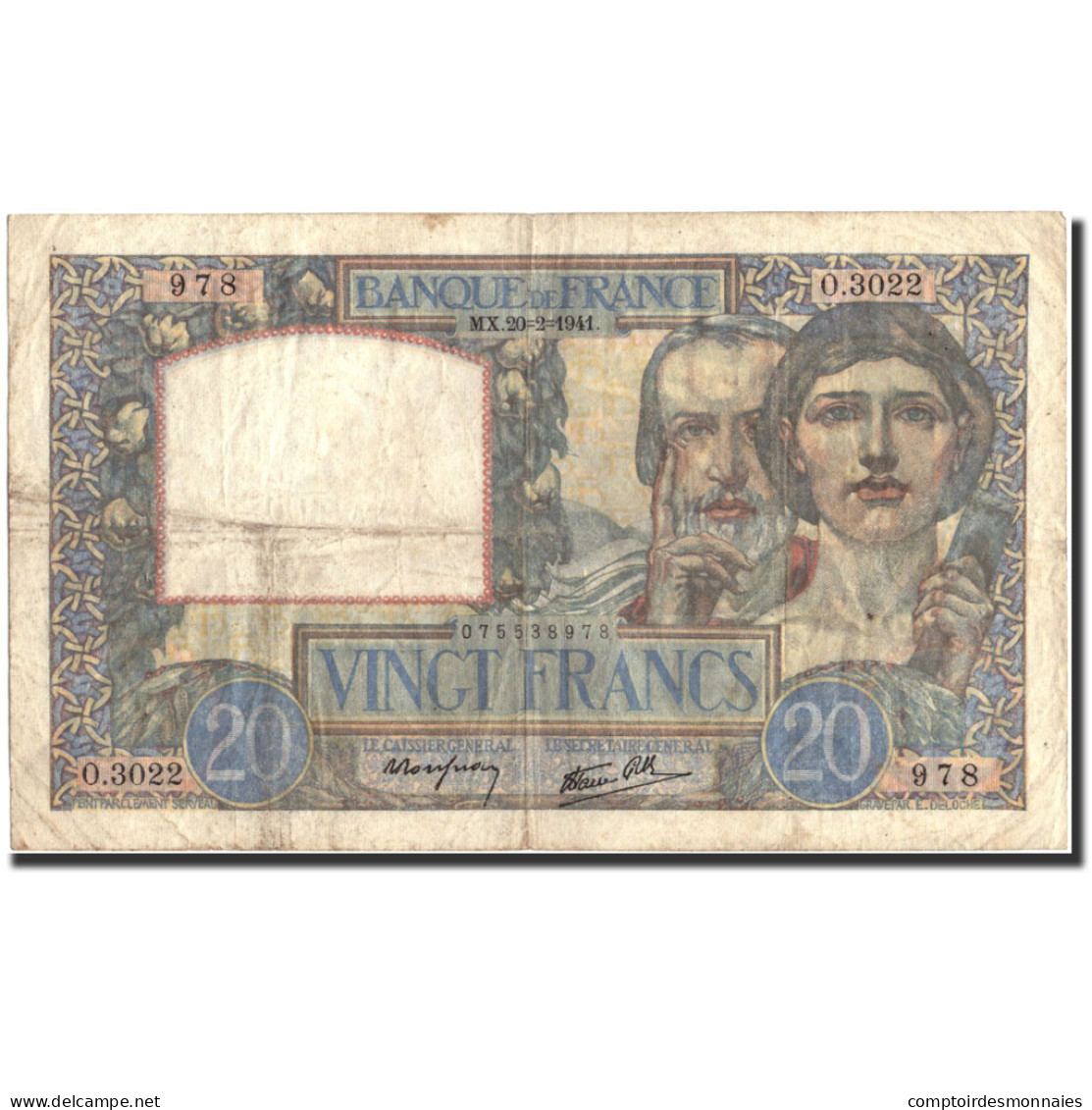 Billet, France, 20 Francs, 20 F 1939-1942 ''Science Et Travail'', 1941 - 20 F 1939-1942 ''Science Et Travail''