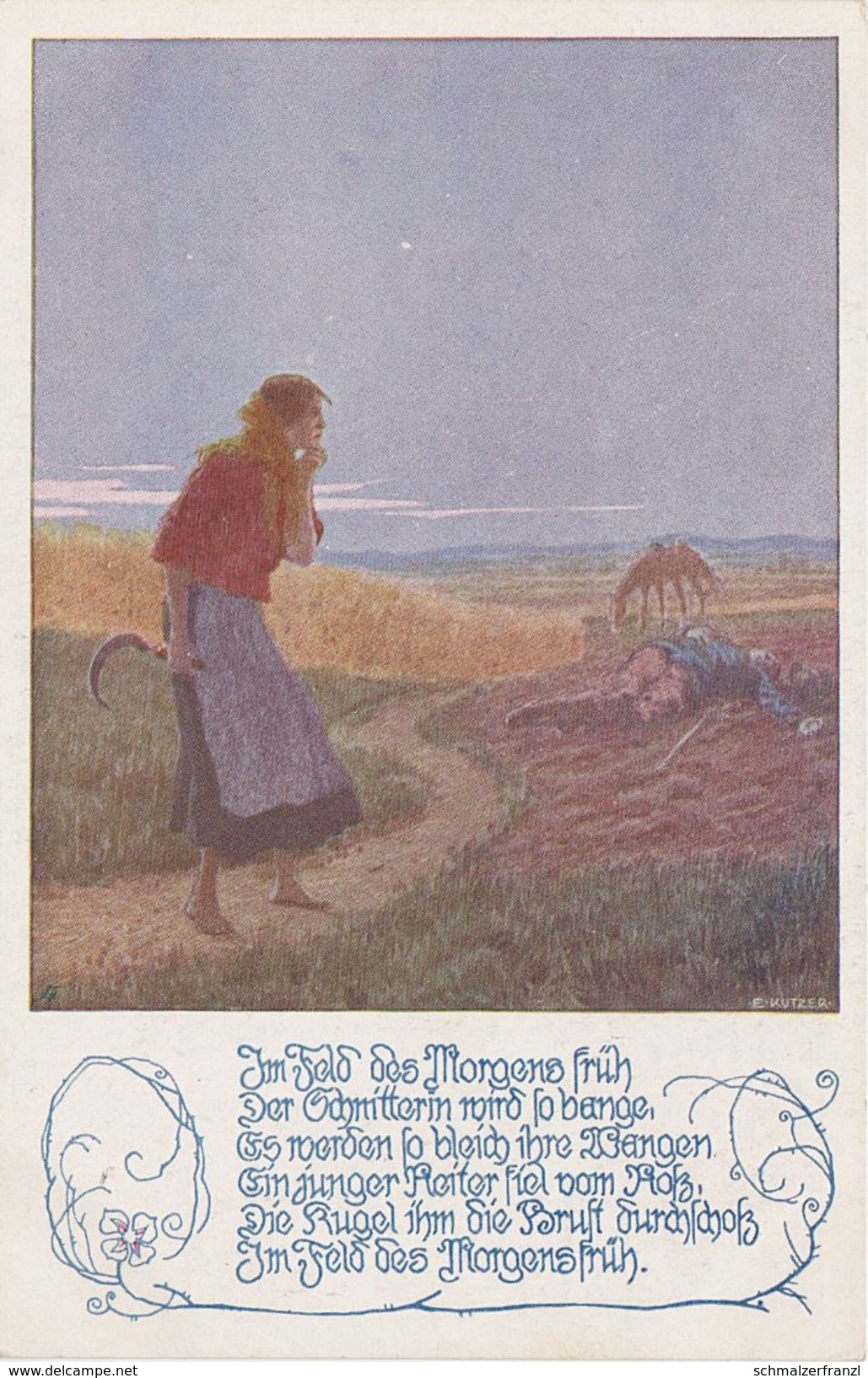 Künstlerkarte AK Im Feld Des Morgens Früh Spruch Vers Gedicht Ostmark Bund Deutscher Österreicher Nr. 137 Ernst Kutzer - 1900-1949