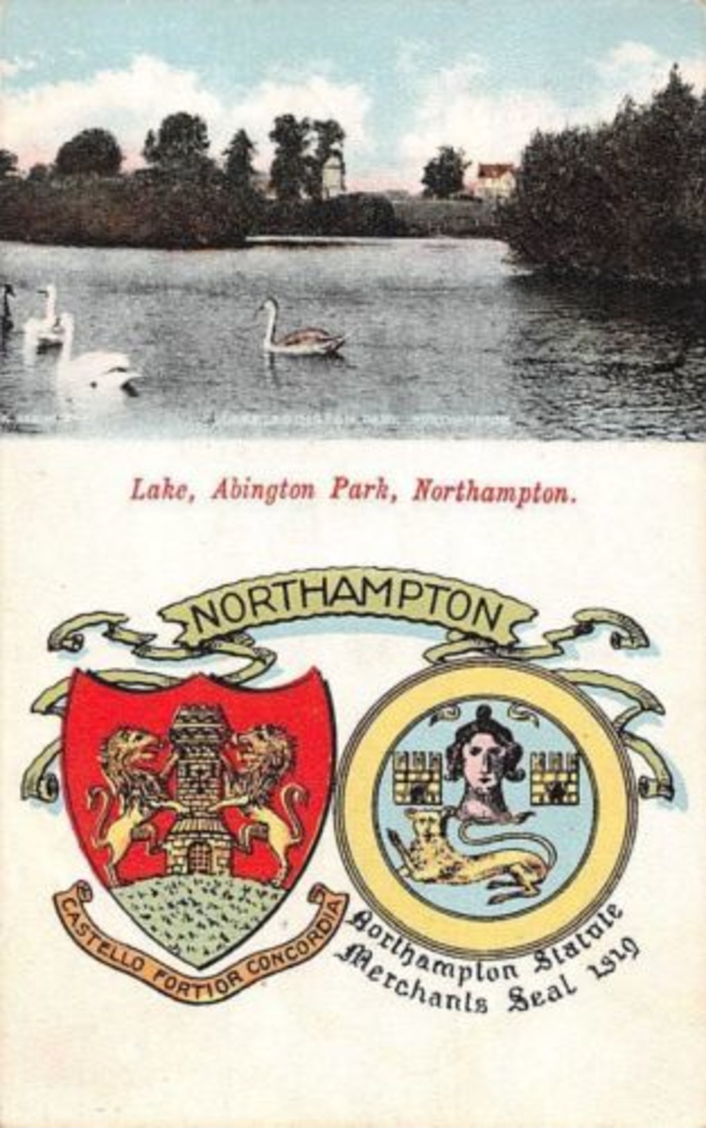 Northampton, Abington Park, Lake, Swans, Merchants Seal Emblem Coat Of Arms 1910 - Northamptonshire